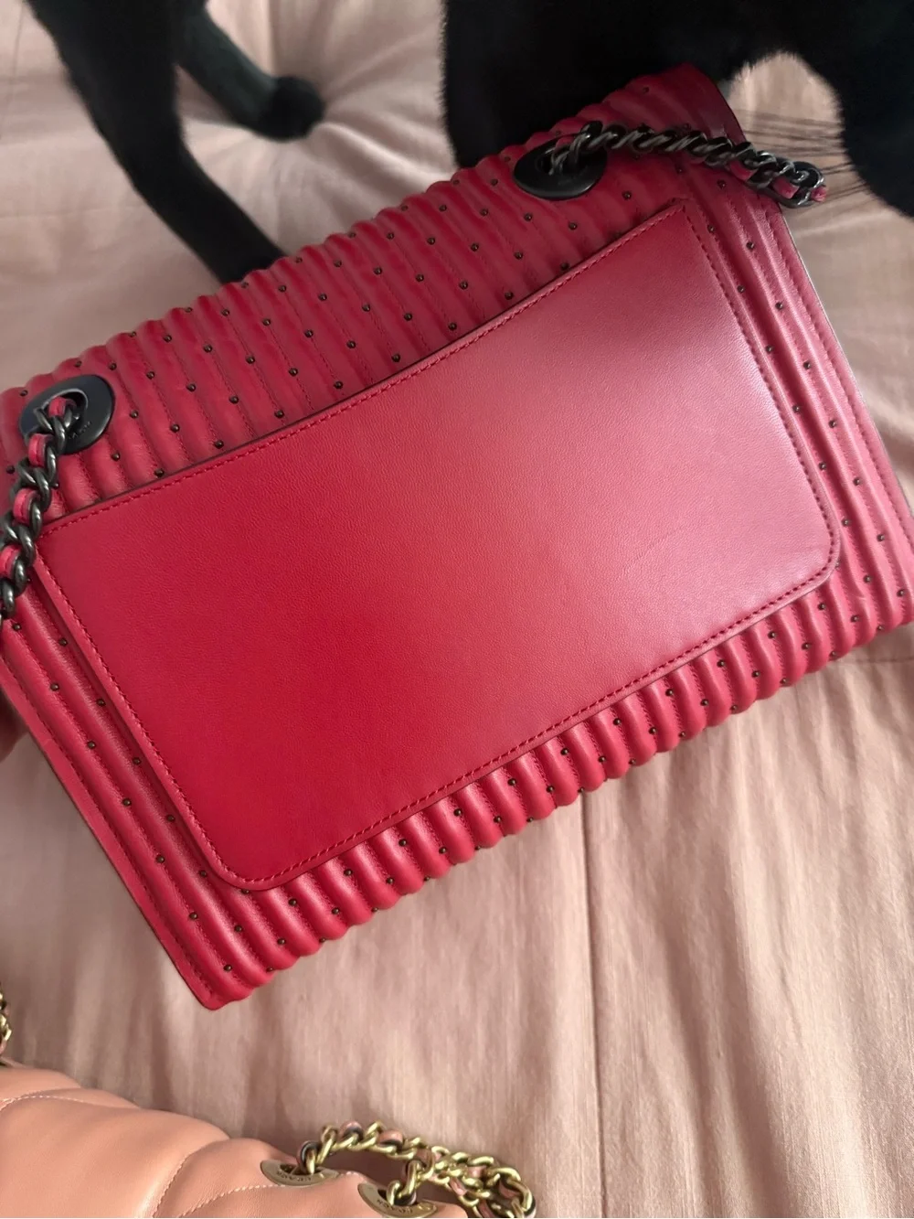 Coach Quilted Studded Red Crossbody with Chain Strap